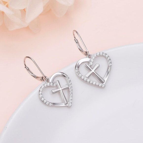 🆕Women\'s Cross Heart Sterling Silver Heart Dangle Drop Stud Earrings